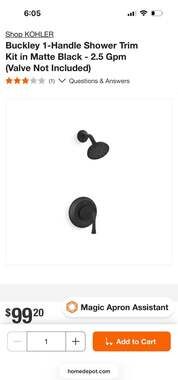 KOHLER Buckley 1-Handle Shower Trim Kit in Matte Black, 2.5 GPM